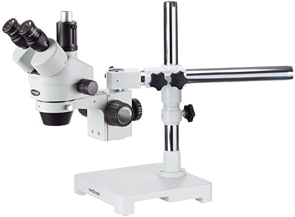 AmScope SM-3T Microscopio Estéreo Trinocular Profesional con Zoom Estereoscópico, Control Simultáneo de Enfoque, Oculares WH10X, Aumento 7X-45X, Objetivo de Zoom 0.7X-4.5X, Iluminación Ambiental, Soporte de Brazo Boom Doble