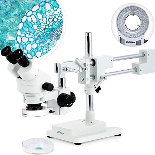 AmScope SM-4BZ-80S Microscopio Estéreo Binocular Profesional, Lentes WH10x, Aumento 3.5X-90X, Objetivo de Zoom 0.7X-4.5X, Luz Anular LED de 80 Bombillas, Soporte de Brazo Doble, 90V-265V, Incluye Lentes Barlow 0.5X y 2.0X