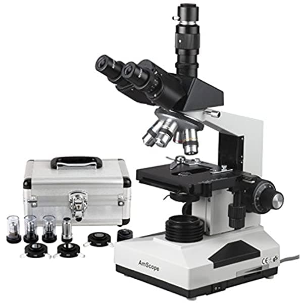 AmScope T490A-PCS microscopio compuesto trinocular, oculares WF10X y WF16X deslizantes, aumento 40X-1600X, iluminación de campo claro, condensador Abbe, halógena de doble capa, platina mecánica, cabezal de alta resolución óptica, incluye 3 objetivos de contraste de fase y anillos