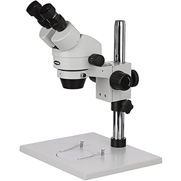 AmScope SM-1BX profesional microscopio estéreo binocular con zoom, oculares WH10X, zoom de aumento 35X-45X, lente 0.7X-4.5X, iluminación ambiental, mesa grande, soporte de pilar, incluye lente Barlow 0.5X