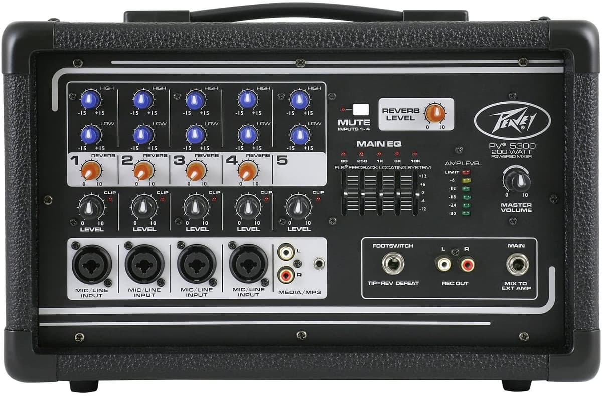 Peavey PV5300 Mezclador Amplificado Todo en Uno ideal para shows en vivo y estudio con calidad de sonido profesional.