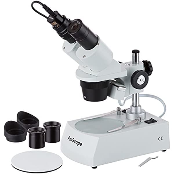 AmScope SE305R-PZ-E2 microscopio estéreo binocular digital de montaje frontal, oculares WF10X y WF20X, aumento 10X/20X/30X/60X, objetivos 1X y 3X, iluminación halógena reversible blanco/negro, placa de platina superior e inferior, soporte de pilar, 120V, incluye cámara de 2 MP y software