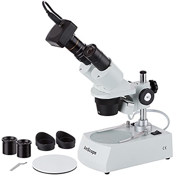 AmScope SE306R-PZ-3M microscopio estéreo binocular digital de montaje frontal, oculares WF10X y WF20X, aumento 20X/40X/80X, objetivos 2X y 4X, iluminación halógena reversible blanco/negro, placa de platina superior e inferior, soporte de pilar, 120V, incluye cámara de 3 MP con lente de reducción y software