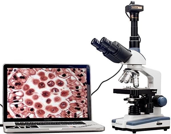 AmScope T120B-M digital profesional Siedentopf microscopio compuesto trinocular, aumento 40X-2000X, oculares WF10X y WF20X, iluminación de campo claro LED, condensador Abbe con diafragma de iris, platina mecánica de doble capa, 100-240 VAC, incluye cámara de 1.3 MP con lente de reducción y software