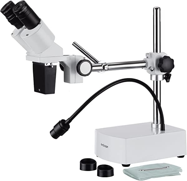 AmScope SE400-X 5X-10X - Microscopio estéreo binocular con brazo articulado (boom) y luz LED de cuello de cisne