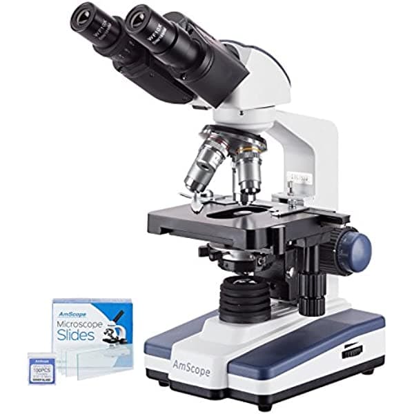 AmScope B120C-50P100S - Microscopio Binocular Compuesto LED 40X-2500X, con Placa 3D, 50 Portaobjetos y 100 Cubreobjetos
