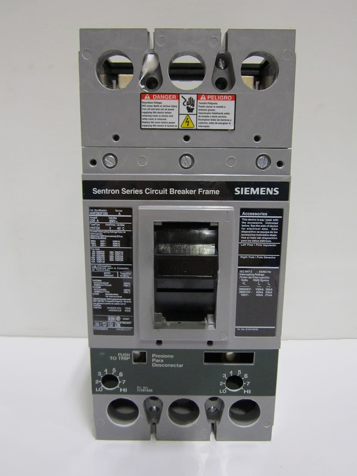 SIEMENS HHFD HHFD63F250 Interruptor automático 3 polos 250A 600V N tipo termomagnético nuevo industrial