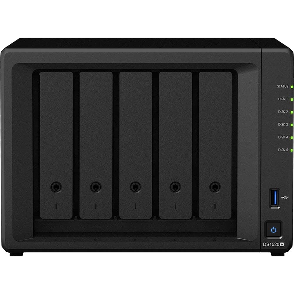 Synology DiskStation DS1520+ NAS, CPU Celeron 2.0GHz, 8GB RAM, 40TB HDD, SSD M.2 NVMe 1TB, 4 Puertos LAN 1GbE, Sistema Operativo DSM