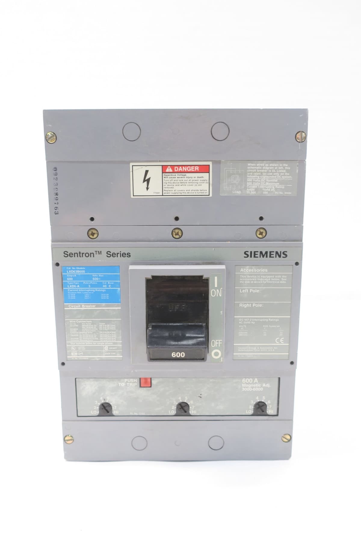 SIEMENS SENTRON LXD63B600 - Interruptor automático en caja moldeada, 600A, 3 polos, 600V AC, MCCB, código D594193 D594193-LXD63B600