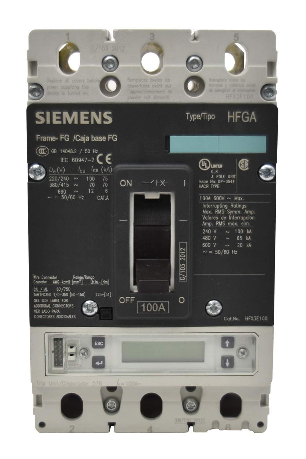 SIEMENS HFX3E100B N 480 100 3 - Interruptor automático nuevo, 3 polos, 100A, serie HFX, protección eléctrica industrial