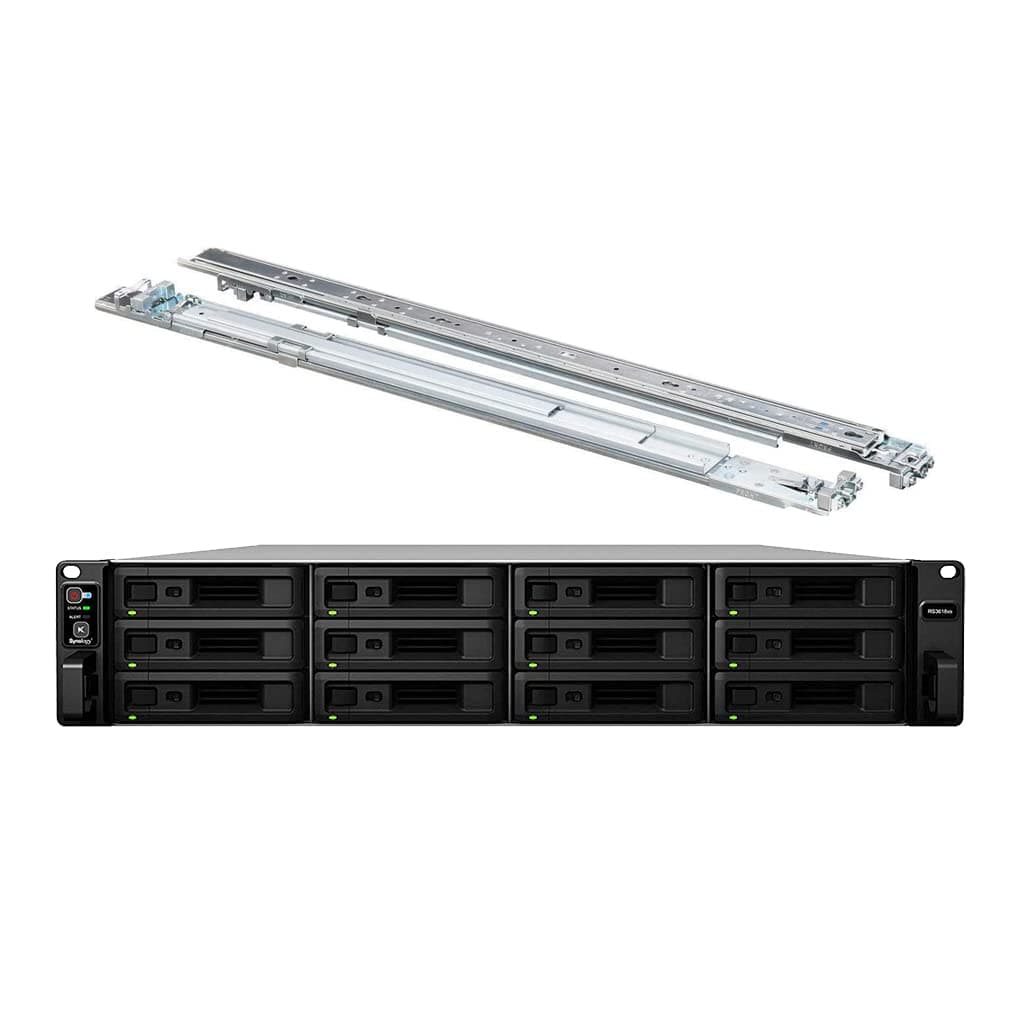 Synology RackStation RS3618xs NAS Server, Xeon 2.4GHz, 64GB RAM, 48TB HDD, 4x 1GbE LAN, DSM, incluye kit de rieles