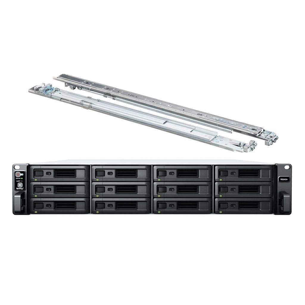 Synology RackStation RS2423+ NAS Server, CPU Ryzen 3.35GHz, 32GB RAM, 48TB SSD, Puertos 10GbE, Sistema DSM, Bundle con rieles