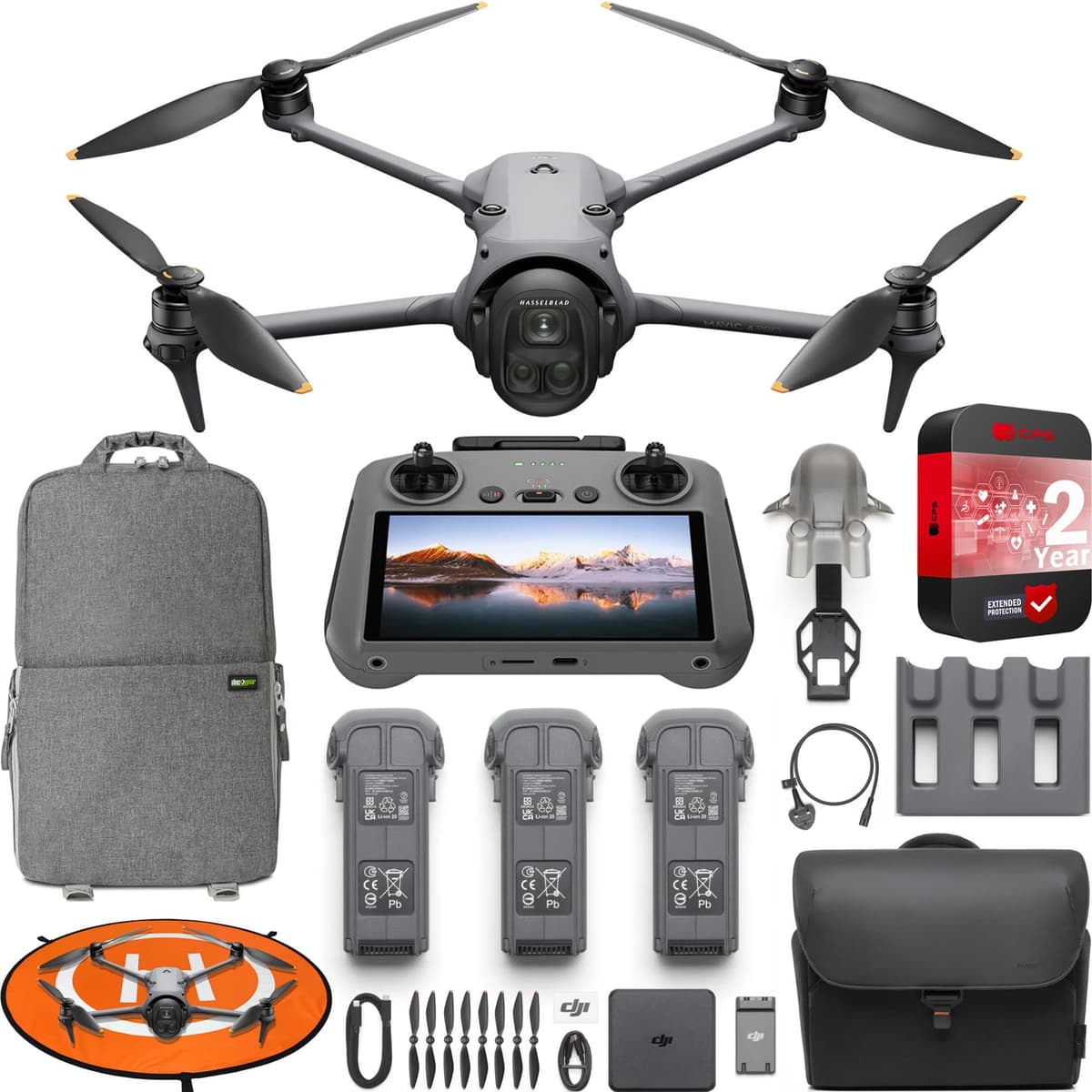 DJI Mavic 4 Pro Drone Insignia Triple Cámara Fly More Combo con DJI RC 2, Cámara Hasselblad 4/3 CMOS 100MP con Video 6K/60fps HDR, Nightscape 0.1 Lux, Detección de Obstáculos, Bundle con Kit Deco Gear E1DJIMAVIC4FMC