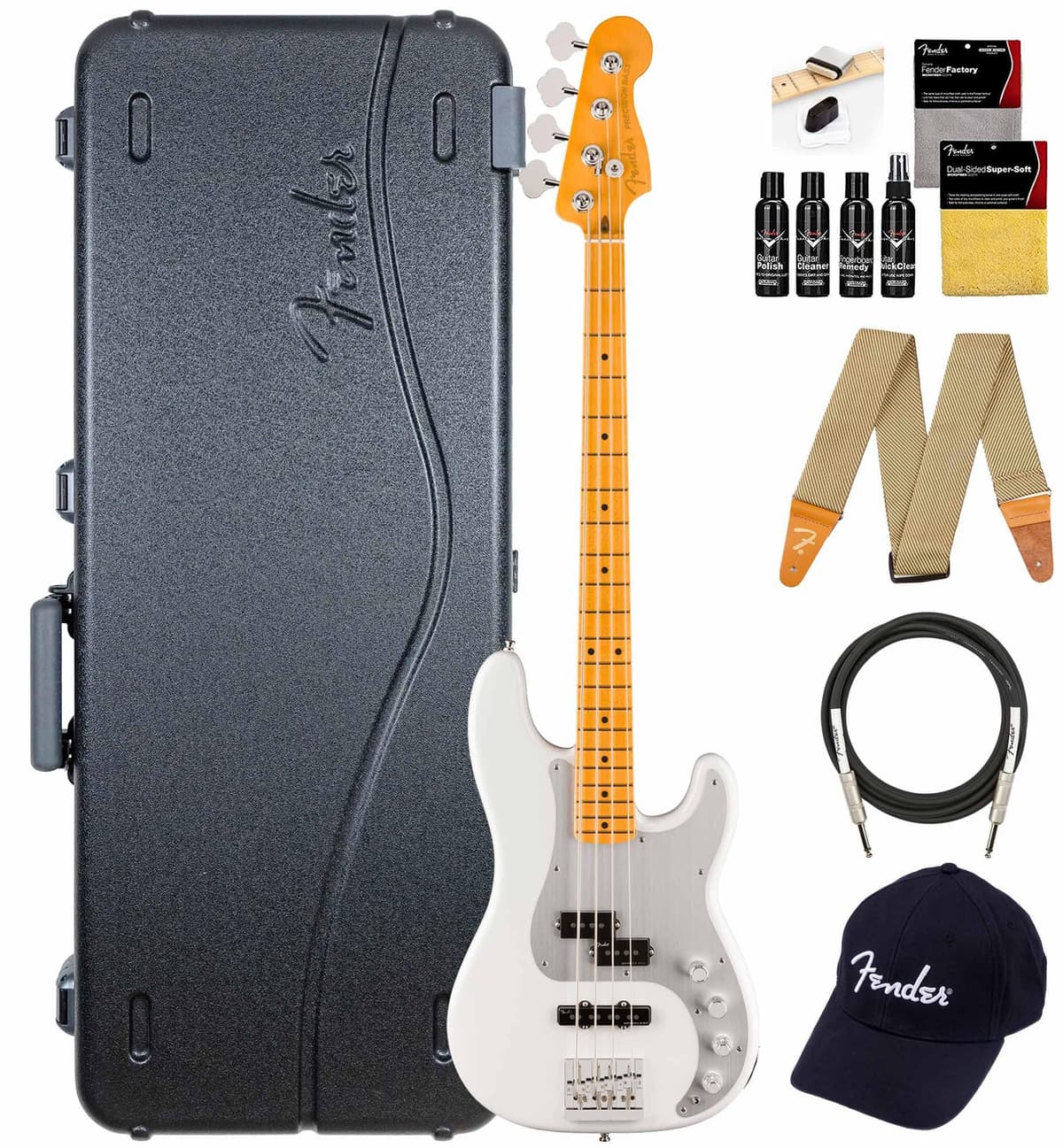 Fender American Ultra II Precision Bass - Bajo Eléctrico Avalanche, Estuche, Correa, Cable, Gorra y Kit de Limpieza 199102796