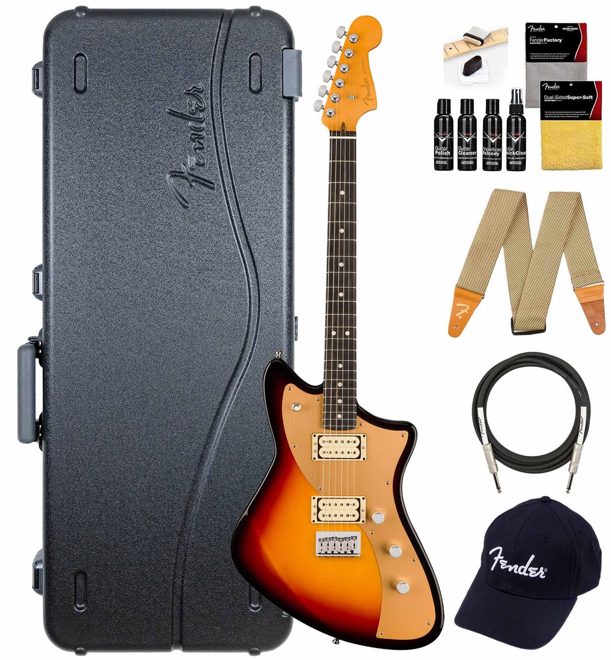 Fender American Ultra II Meteora Ultraburst - Paquete con Estuche, Correa, Cable, Gorra y Kit de Limpieza para Guitarra 119181712