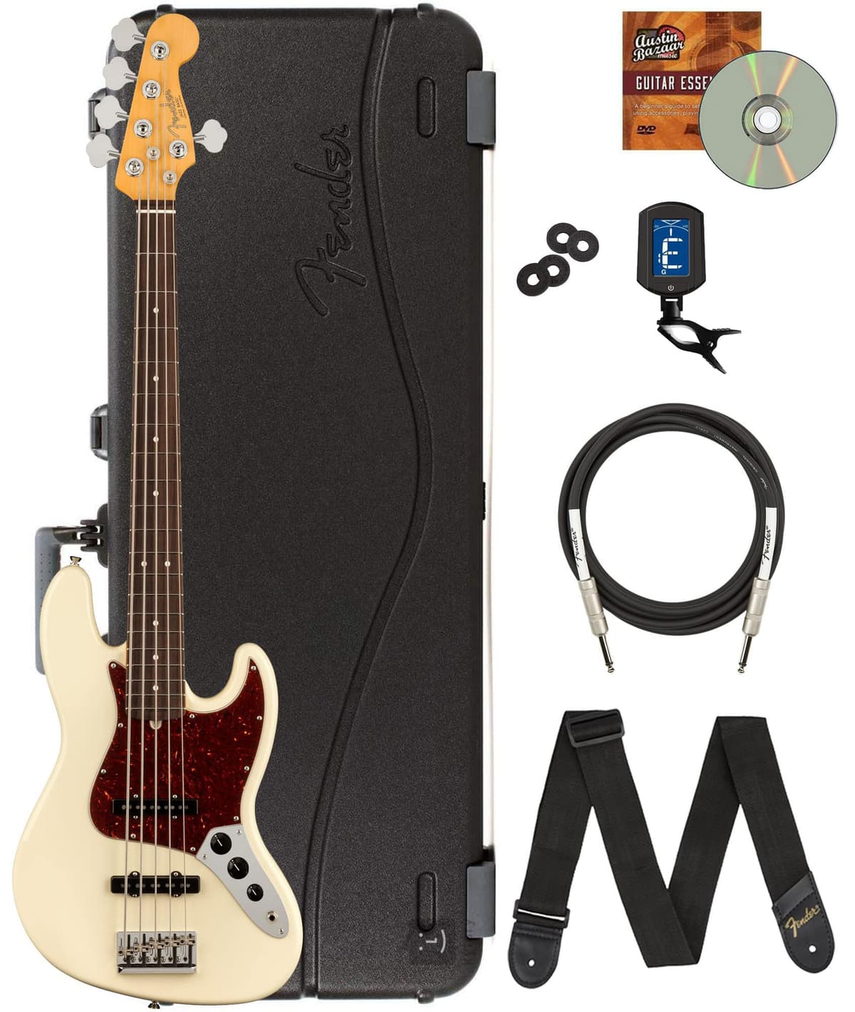 Fender American Professional II Jazz Bass V Olympic White - Bundle con Estuche Elite, Cable de Instrumento, Afinador, Cuerdas, Strap Blocks, Correa y DVD Instructivo de Austin Bazaar AUS-0193990705-COMBO-DLX