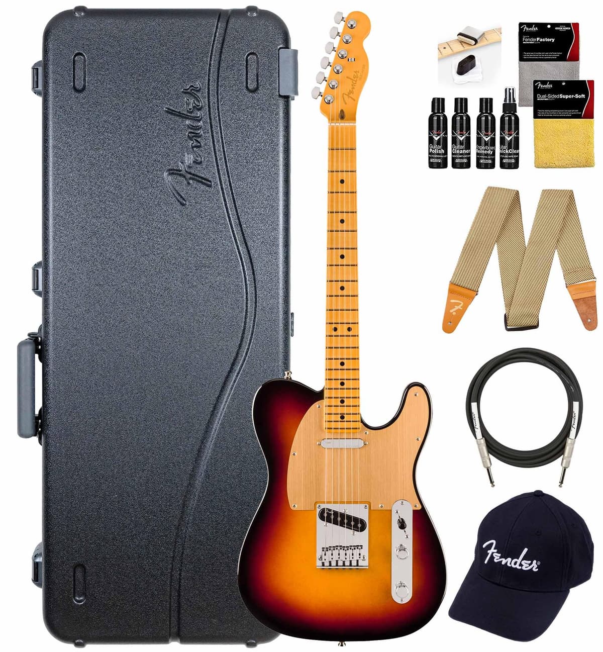 Fender American Ultra II Telecaster - Ultraburst, Bundle con Estuche, Correa, Cable, Gorra y Kit de Limpieza para Guitarra 119172712