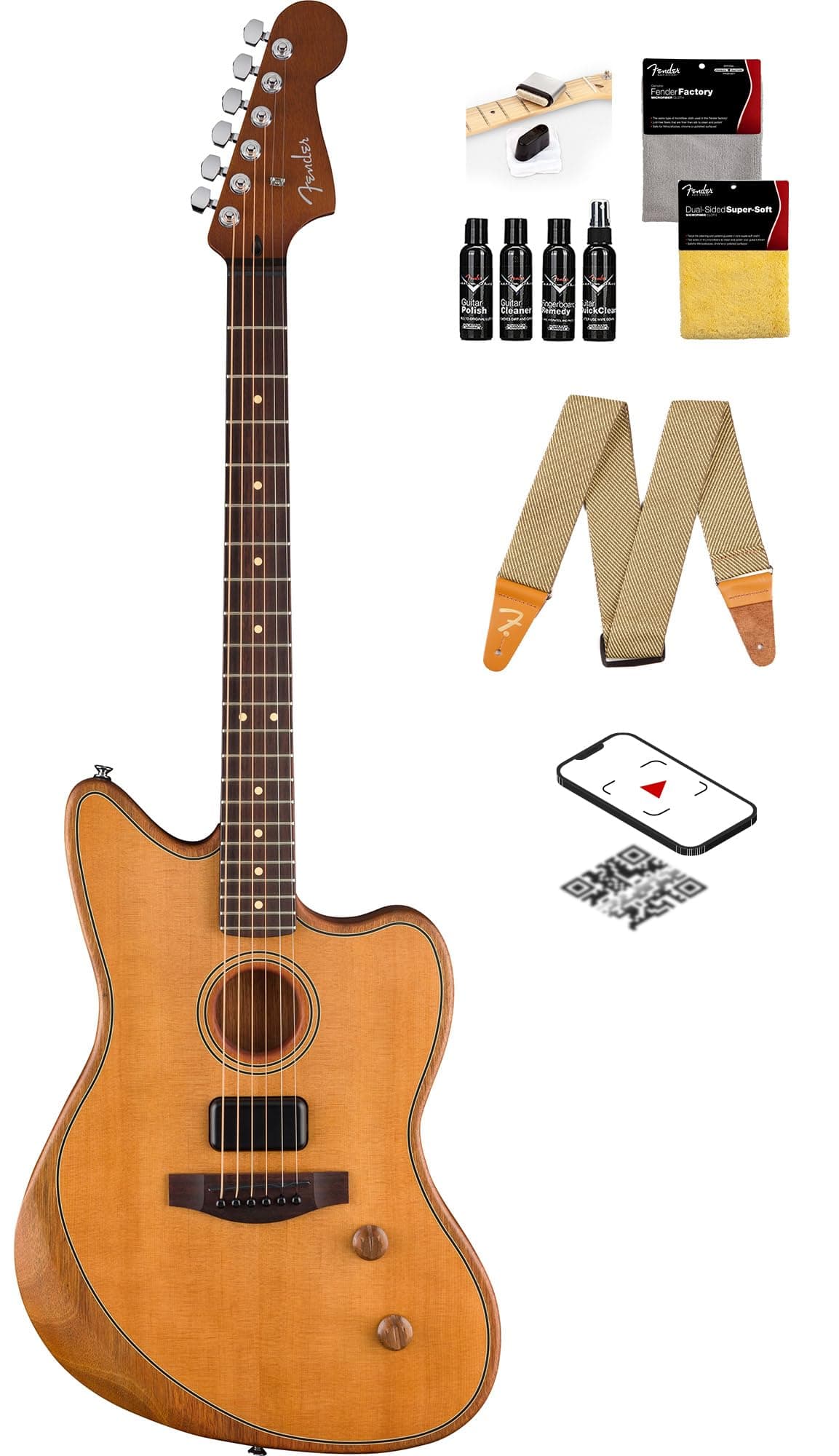 Fender Acoustasonic Standard Jazzmaster guitarra electroacústica Natural Envejecido bundle con correa, kit de limpieza para guitarra y video instructivo de Austin Bazaar 973133534