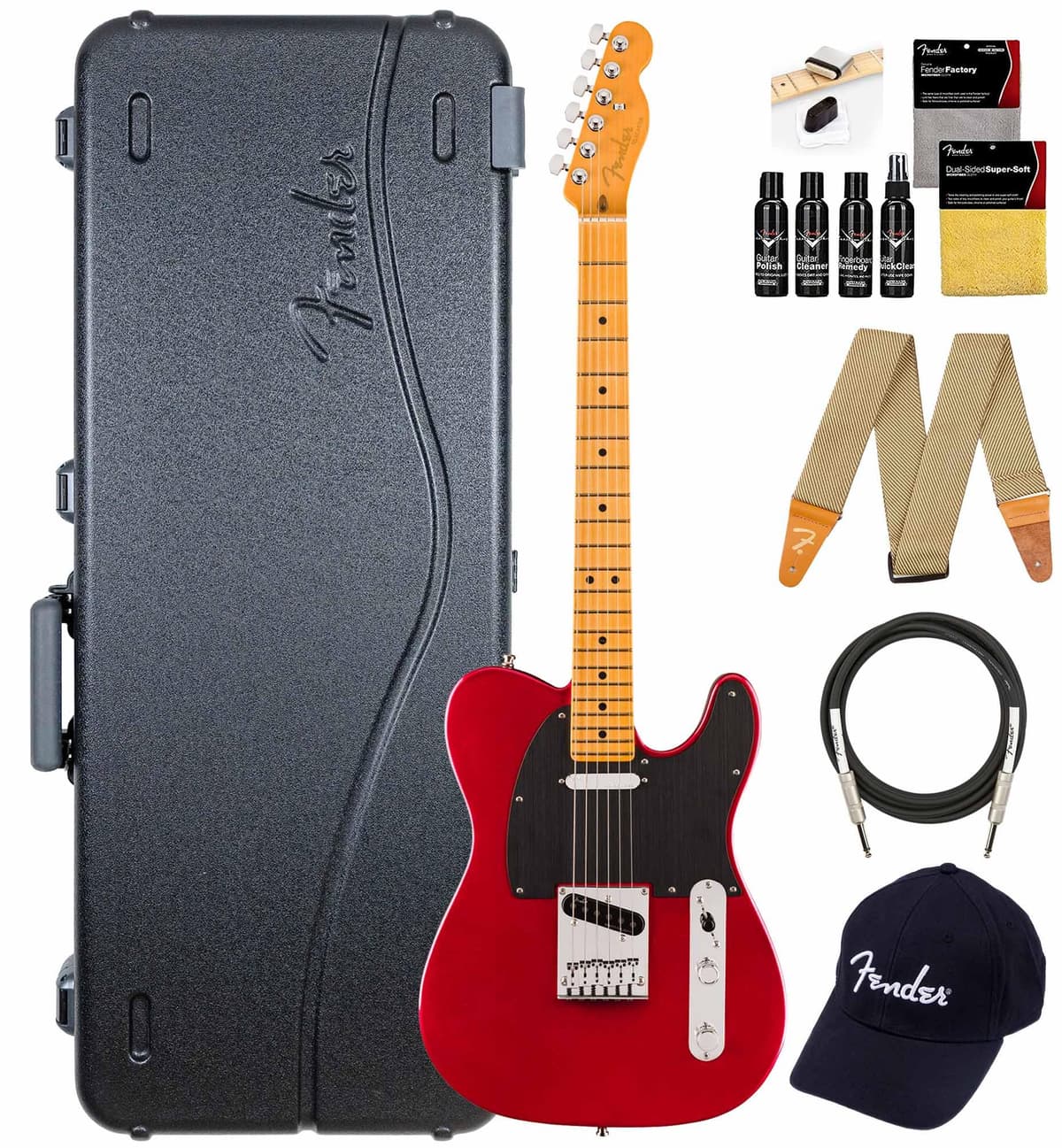 Fender American Ultra II Telecaster - Guitarra Eléctrica Sinister Red, Bundle con Estuche, Correa, Cable, Gorra y Kit de Limpieza para Guitarra 119172799