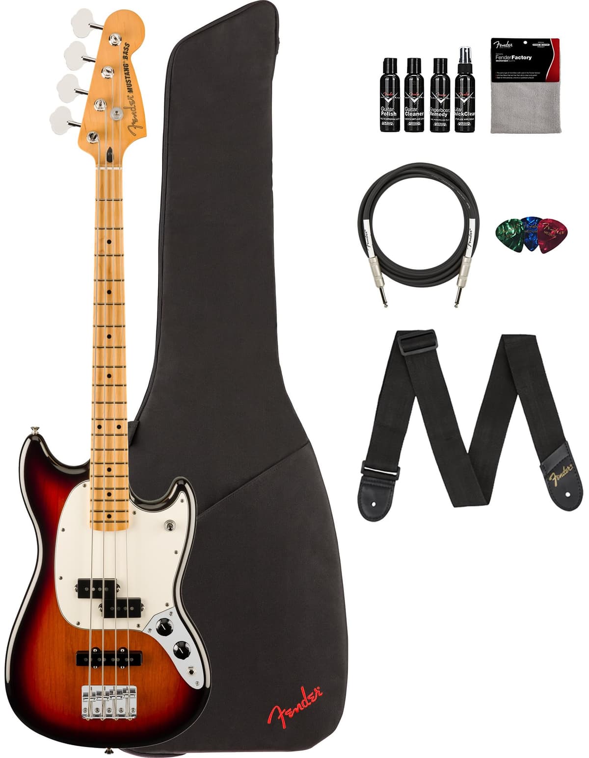 Fender Player II Mustang Bass PJ 3-Color Sunburst - Bajo Eléctrico Bundle con Funda, Correa, Cable, Pack de 3 Púas y Kit de Limpieza 140492500