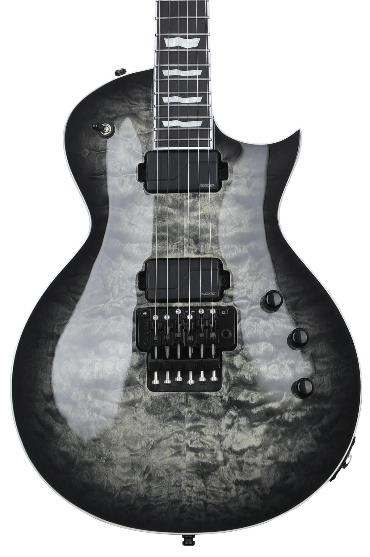 ESP E-II Eclipse FR Guitarra Eléctrica con Floyd Rose - Charcoal Burst, pastillas humbucker, cuerpo single-cut, acabado premium EIIECFRQMCHB