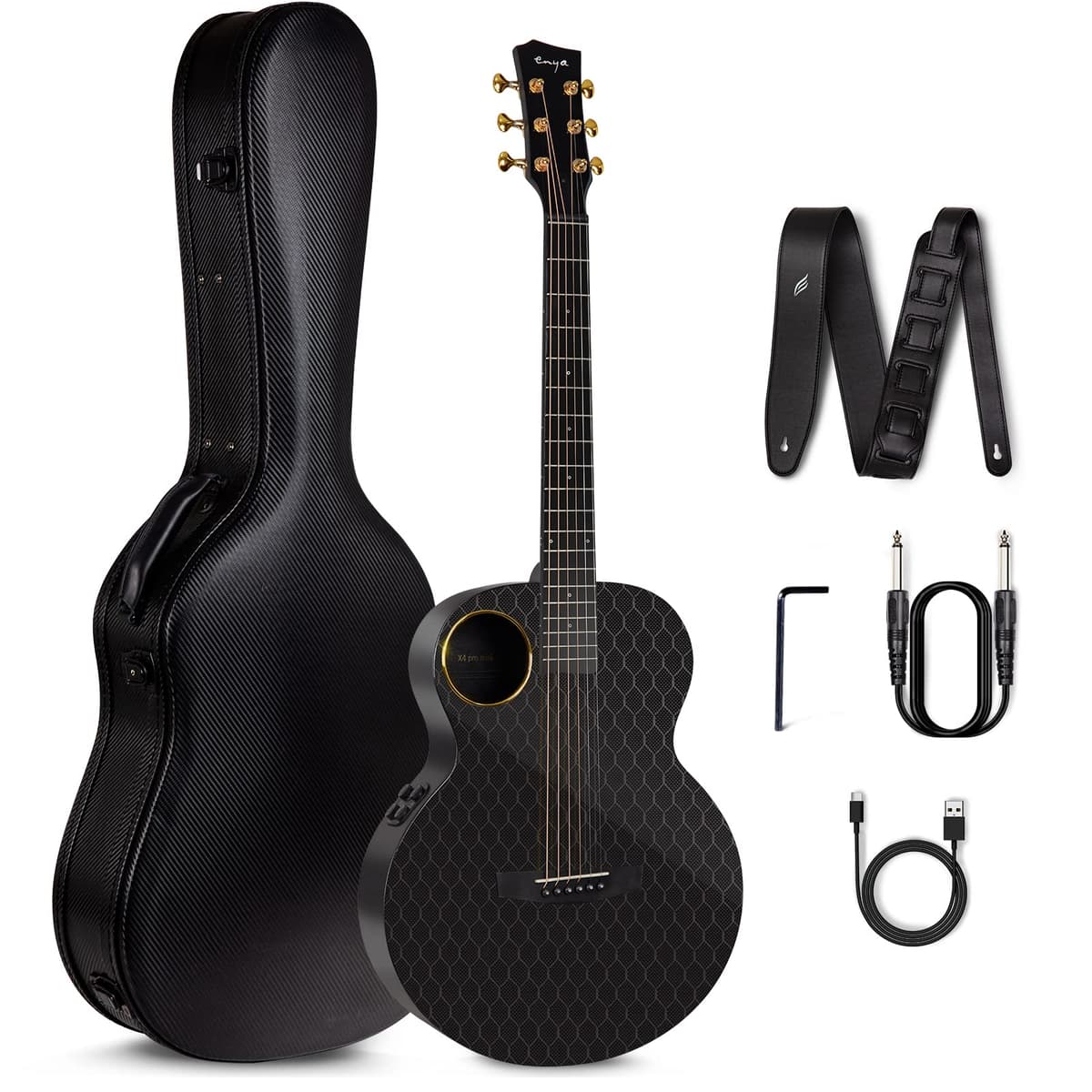 Enya X4 Pro Mini Guitarra Electroacústica de Fibra de Carbono 36” 3/4 AcousticPlus Bundle con Estuche Rígido, Correa de Cuero, Cable de Instrumento y Cable de Carga USB-C (X4 PRO MINI)