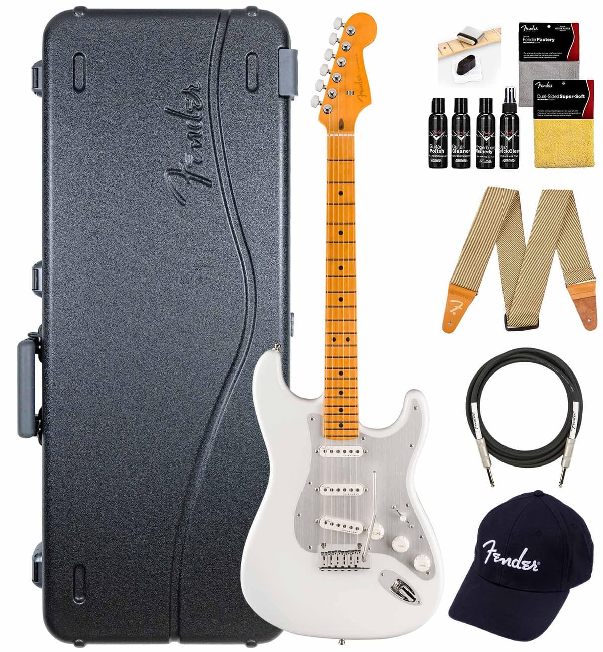 Fender American Ultra II Stratocaster - Paquete Avalanche con Estuche, Correa, Cable, Gorra y Kit de Limpieza para Guitarra 119142796