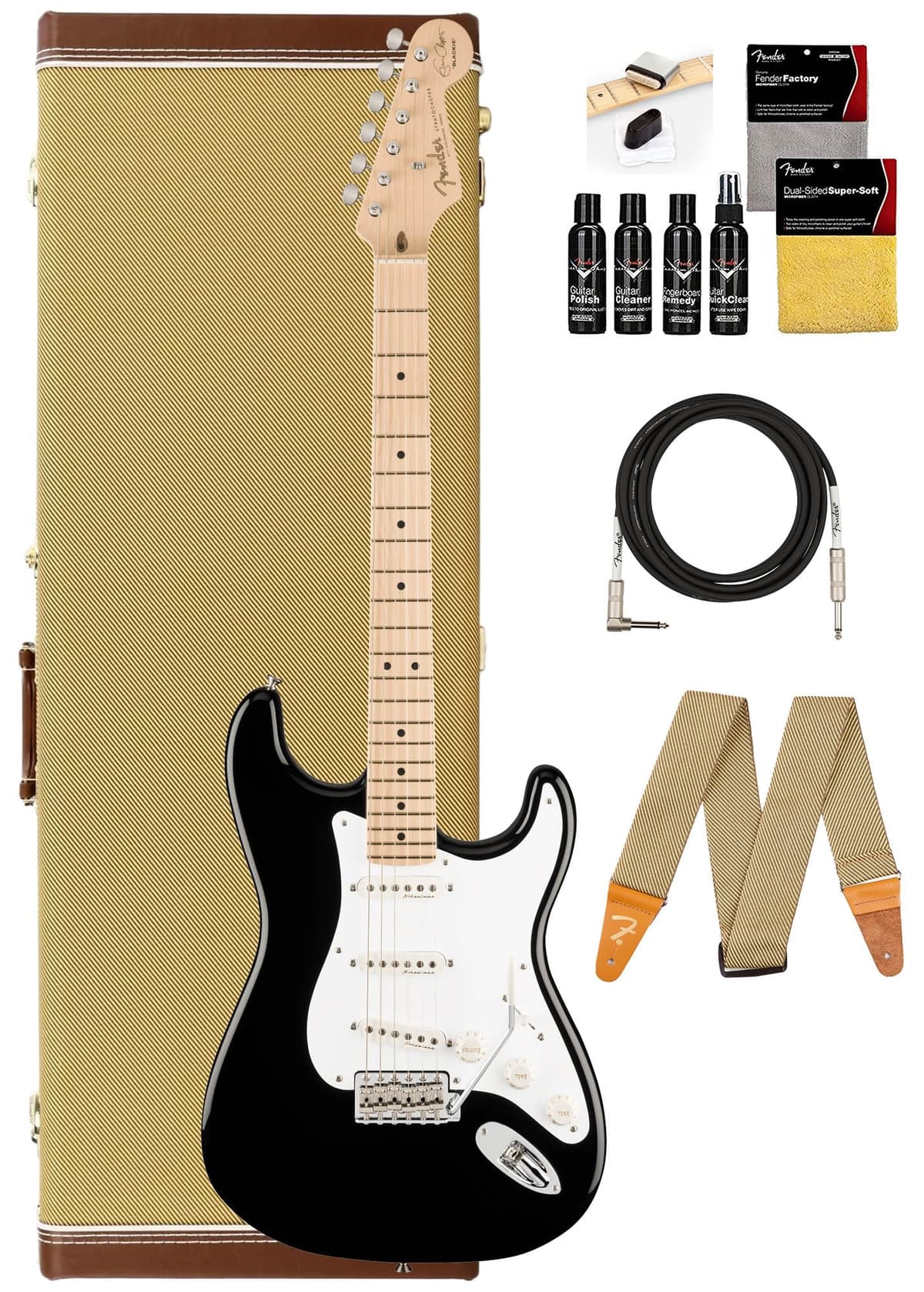 Fender Eric Clapton Stratocaster 117602806 - Guitarra Eléctrica Black, Bundle con Estuche Tweed, Cable, Correa y Kit de Limpieza