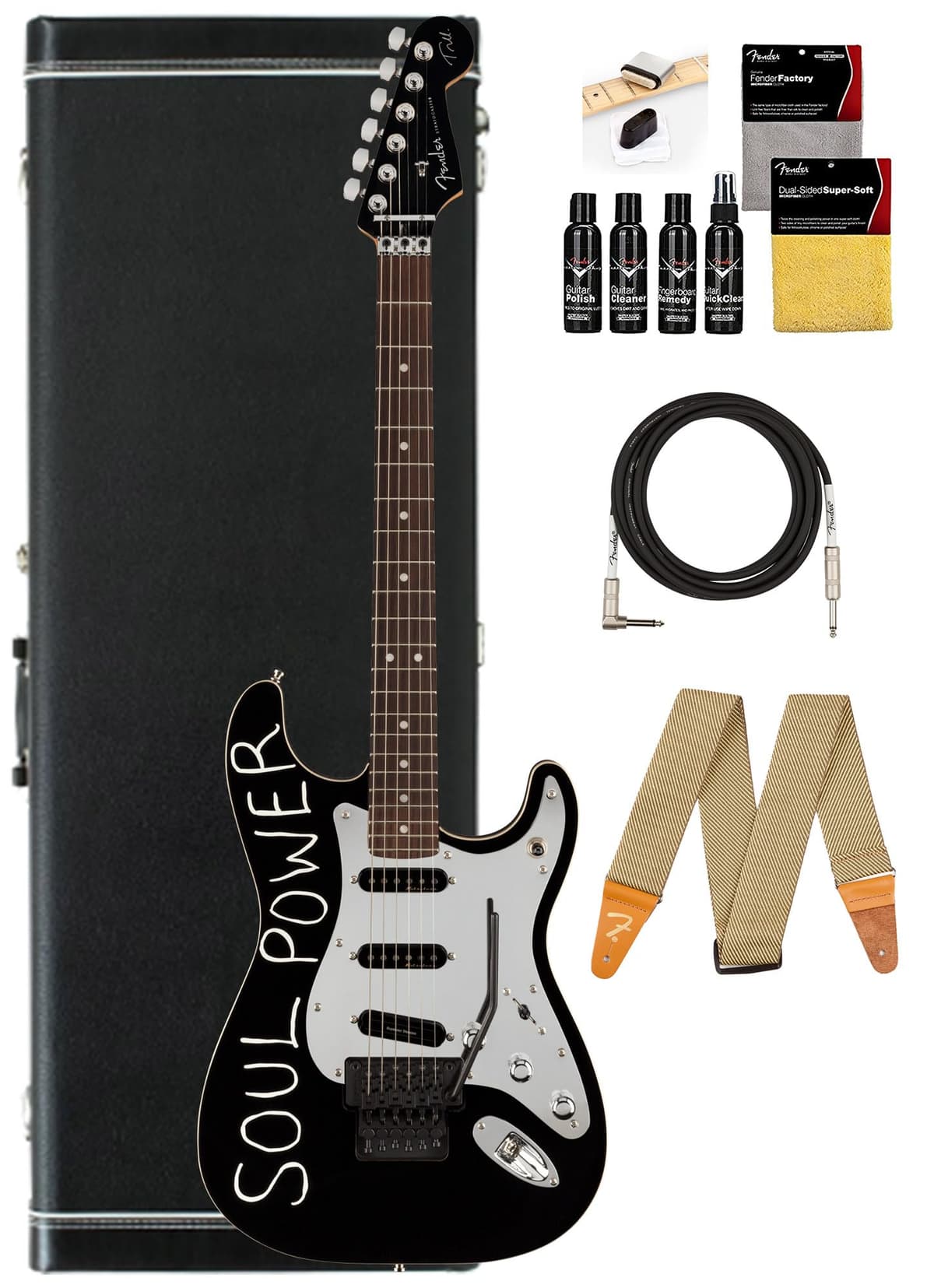 Fender Tom Morello Stratocaster 140350706 - Guitarra Eléctrica Negra, Bundle con Estuche Rígido Deluxe Negro, Cable, Correa y Kit de Limpieza