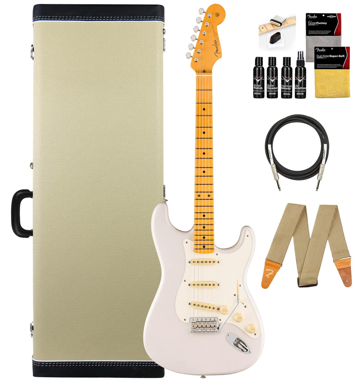 Fender Eric Johnson Stratocaster 117702801 Guitarra Eléctrica White Blonde Bundle con Estuche Deluxe Blonde, Correa, Cable y Kit de Limpieza