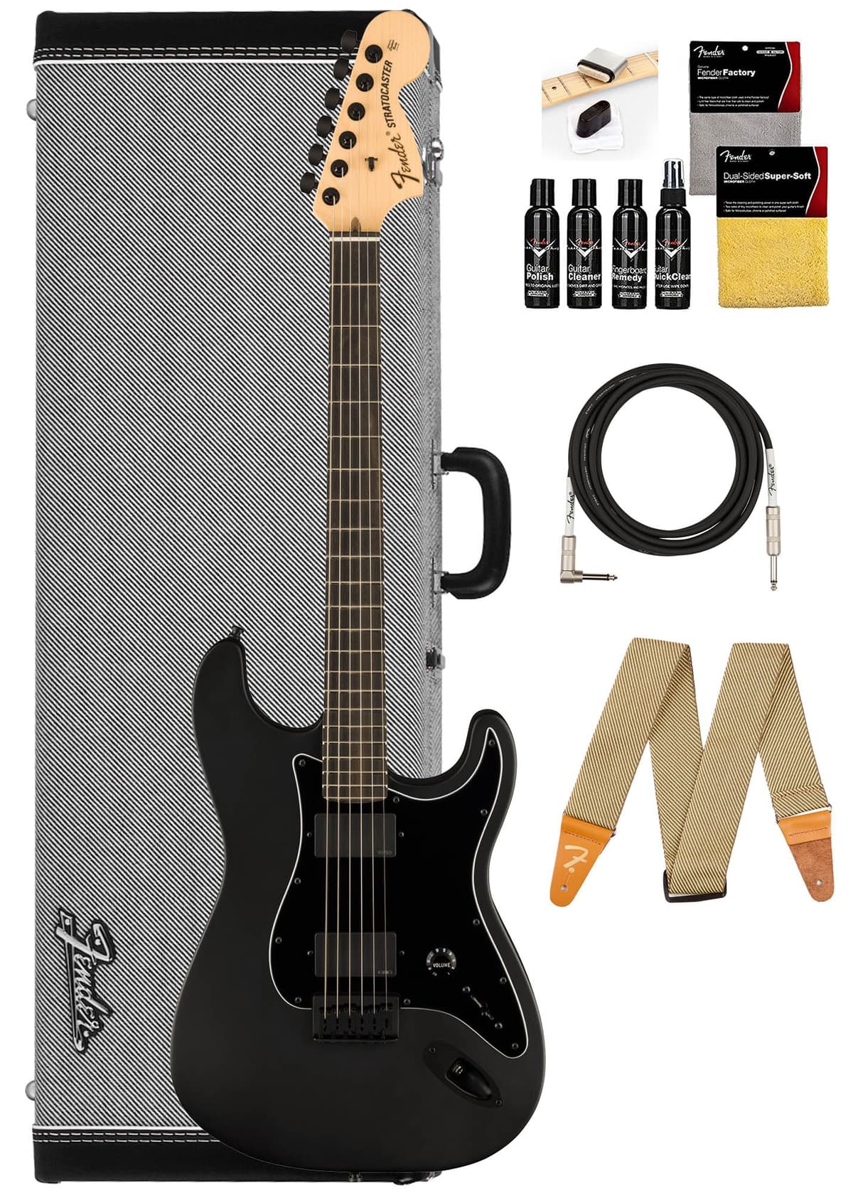 Fender Jim Root Stratocaster 114545706 - Guitarra Eléctrica Flat Black, Bundle con Estuche Rígido Deluxe Black Tweed, Cable, Correa y Kit de Limpieza
