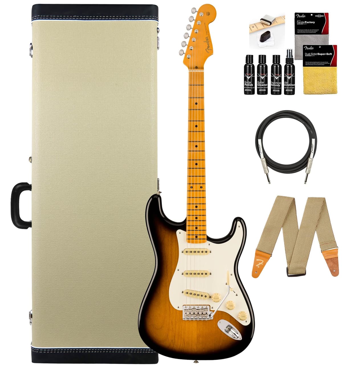 Fender Eric Johnson Stratocaster 2-Color Sunburst - Guitarra Eléctrica Bundle con Estuche Rígido Deluxe Blonde, Correa, Cable y Kit de Limpieza 117702803