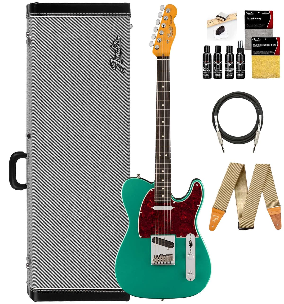 Fender Susan Tedeschi Telecaster 116800794 - Guitarra Eléctrica Aged Caribbean Mist, Bundle con Estuche Rígido Deluxe Negro, Correa, Cable y Kit de Limpieza