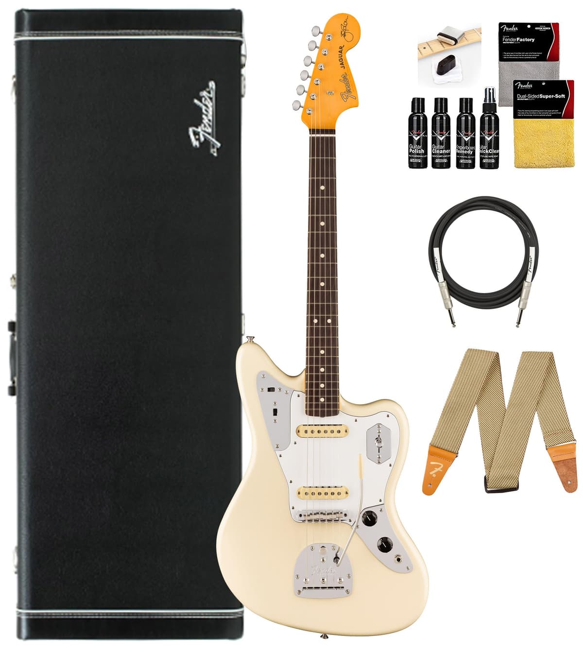 Fender Jaguar Johnny Marr 116400705 - Guitarra Eléctrica Olympic White, Bundle con Estuche Tweed, Cable, Correa y Kit de Limpieza