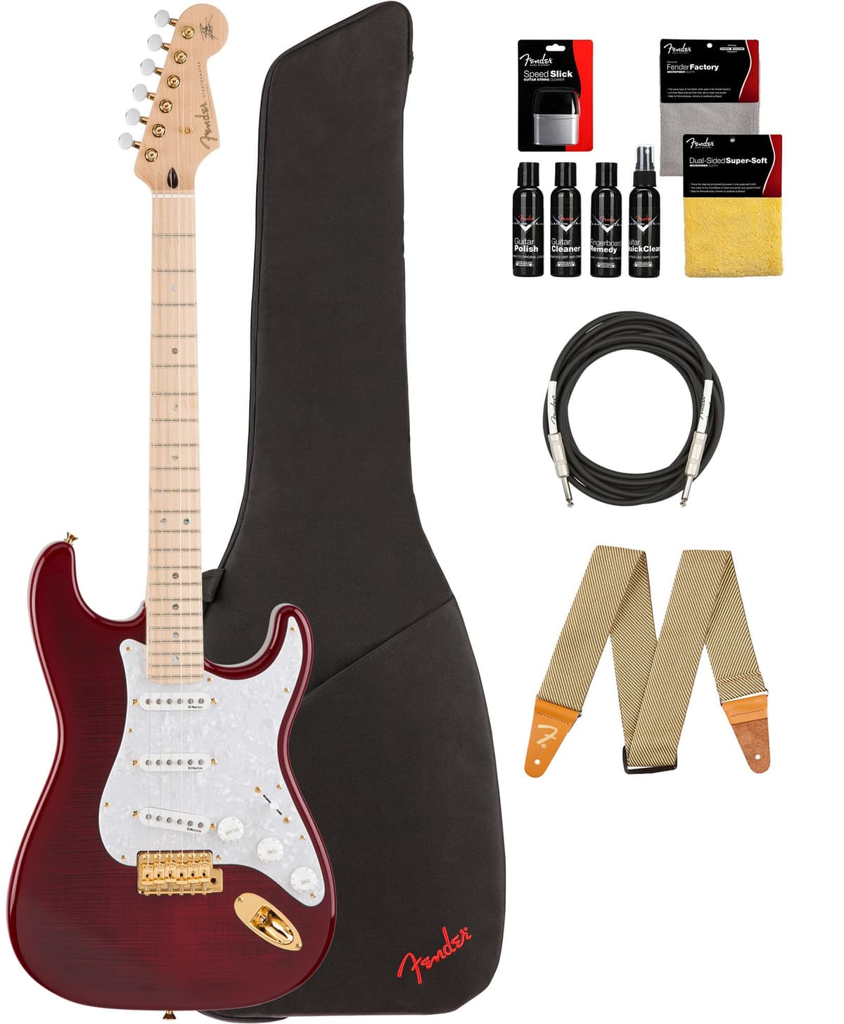 Fender Richie Kotzen Stratocaster 5258090328 - Transparent Red Burst, Guitarra Eléctrica Bundle con Funda, Correa, Cable y Kit de Limpieza