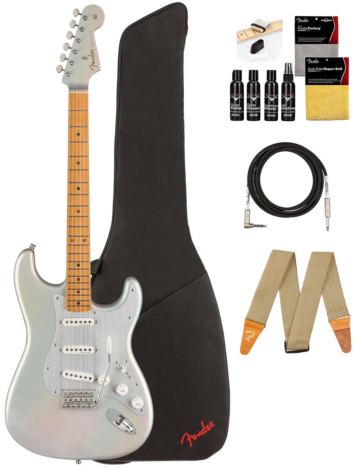 Fender H.E.R. Stratocaster 140242343 - Chrome Glow, Bundle con Funda, Cable, Correa y Kit de Limpieza para Guitarra