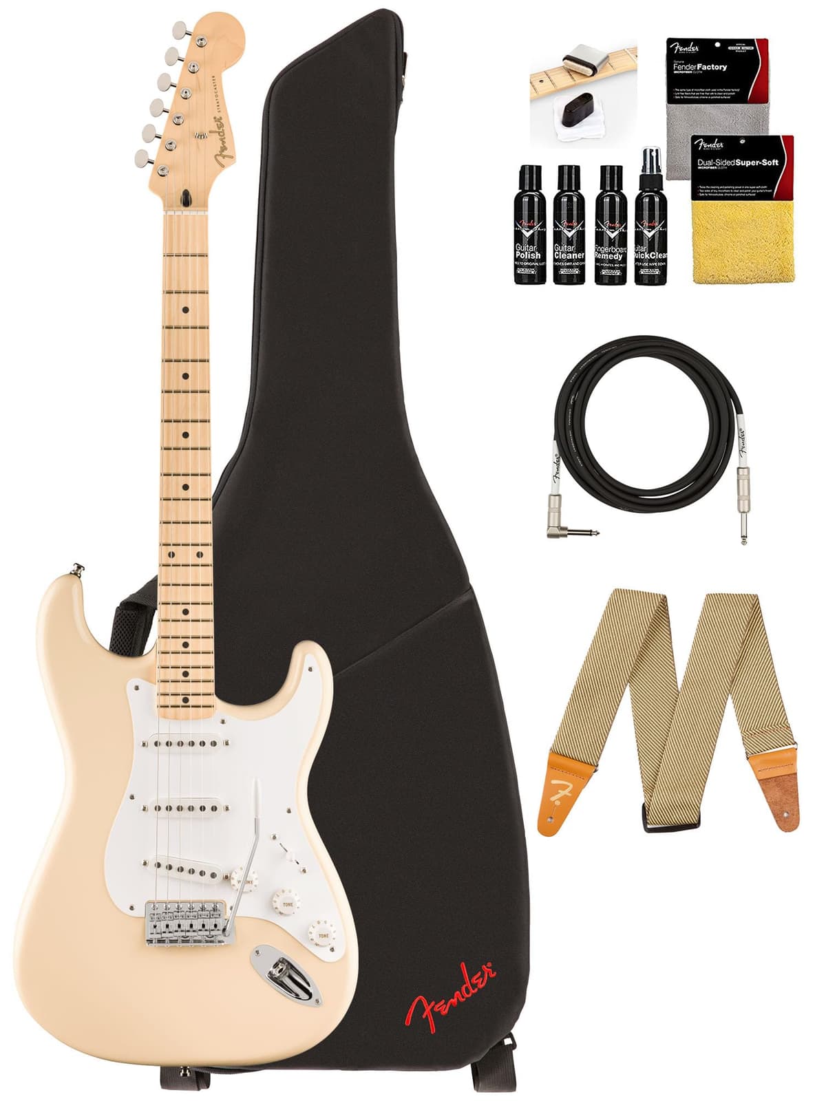 Fender Jimmie Vaughan Tex-Mex Stratocaster Olympic White - Paquete con Funda, Correa, Cable y Kit de Limpieza para Guitarra 139202305