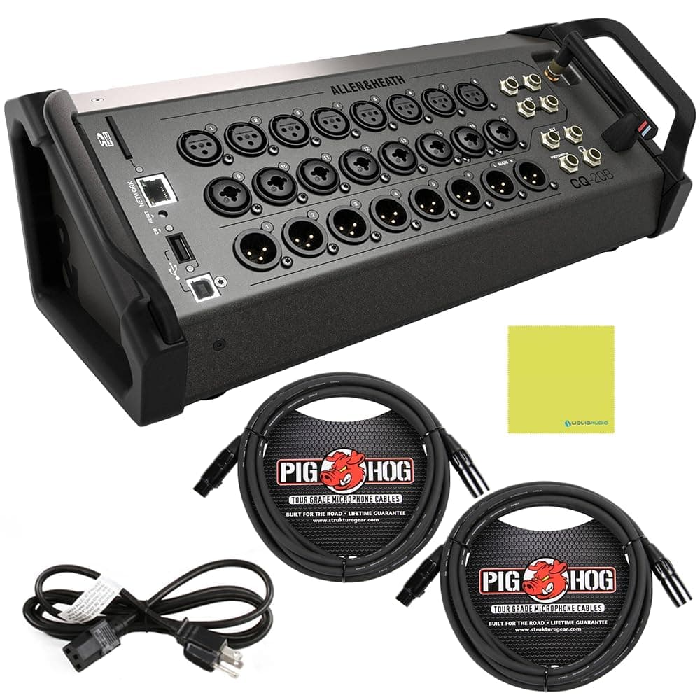 Liquid Audio AH-CQ20B PHM15 BUNDLE Mezcladora Digital Ultra-Compacta 20 Entradas / 8 Salidas, Paquete con 2 Cables Micrófono Pig Hog PHM15 8mm, Cable de Poder y Paño de Pulido