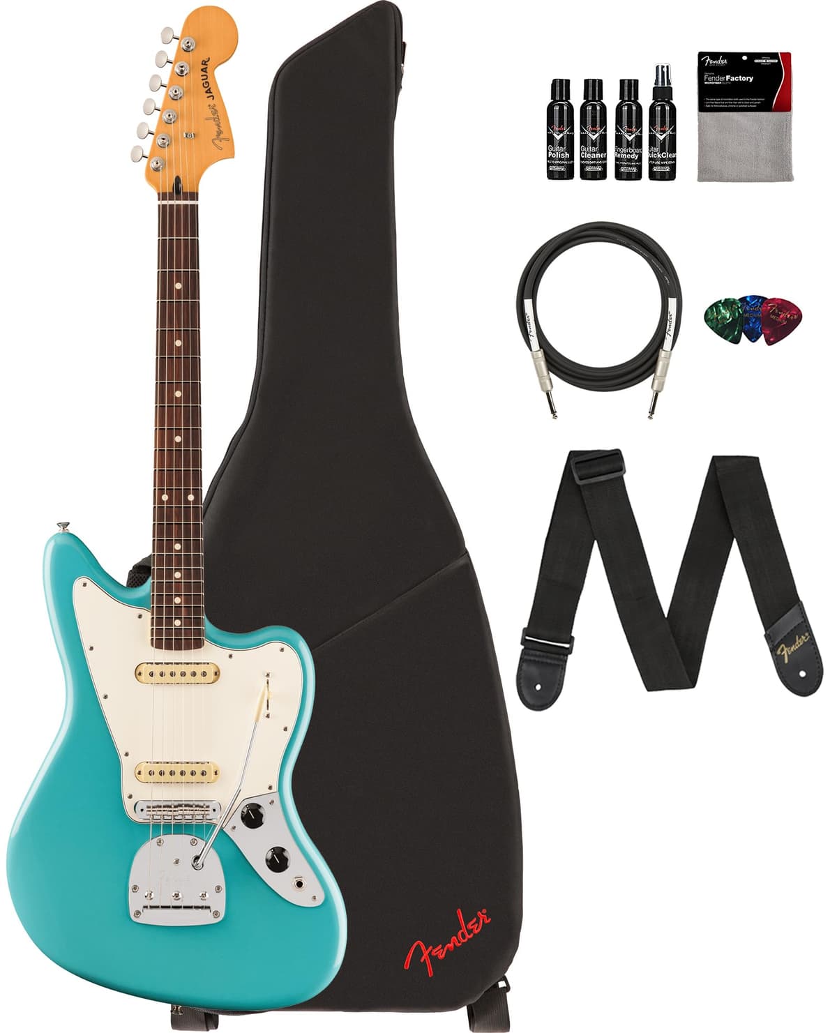Fender Player II Jaguar Aquatone Blue - Pack con Funda, Correa, Cable, Set de 3 Púas y Kit de Limpieza para Guitarra 140580518