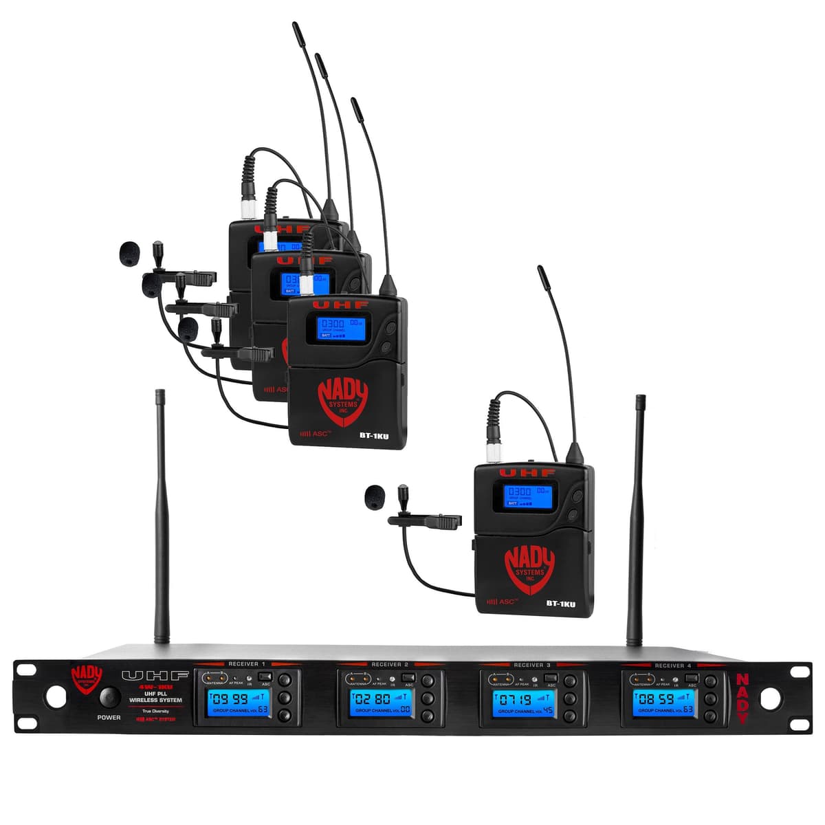 Nady 4W-1KU-LT Sistema inalámbrico UHF profesional Quad True Diversity 1000 canales con 4 micrófonos de solapa/lavalier - AutoScan - emparejamiento automático - construcción totalmente metálica 4W-1KU-LT-NEUS