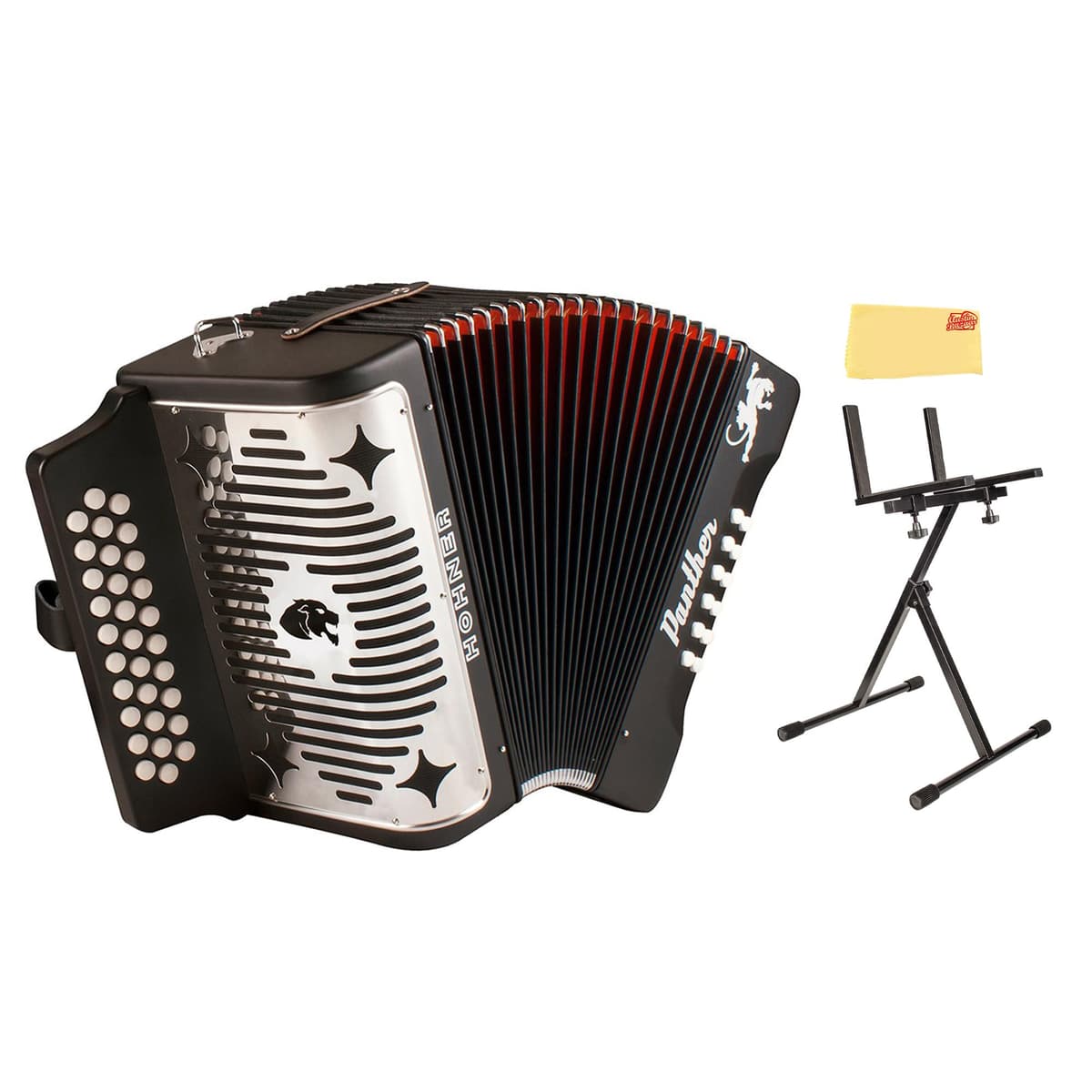 Hohner Panther A4840 Acordeón Diatónico F/Bb/Eb, Paquete con Soporte y Paño de Pulido Austin Bazaar