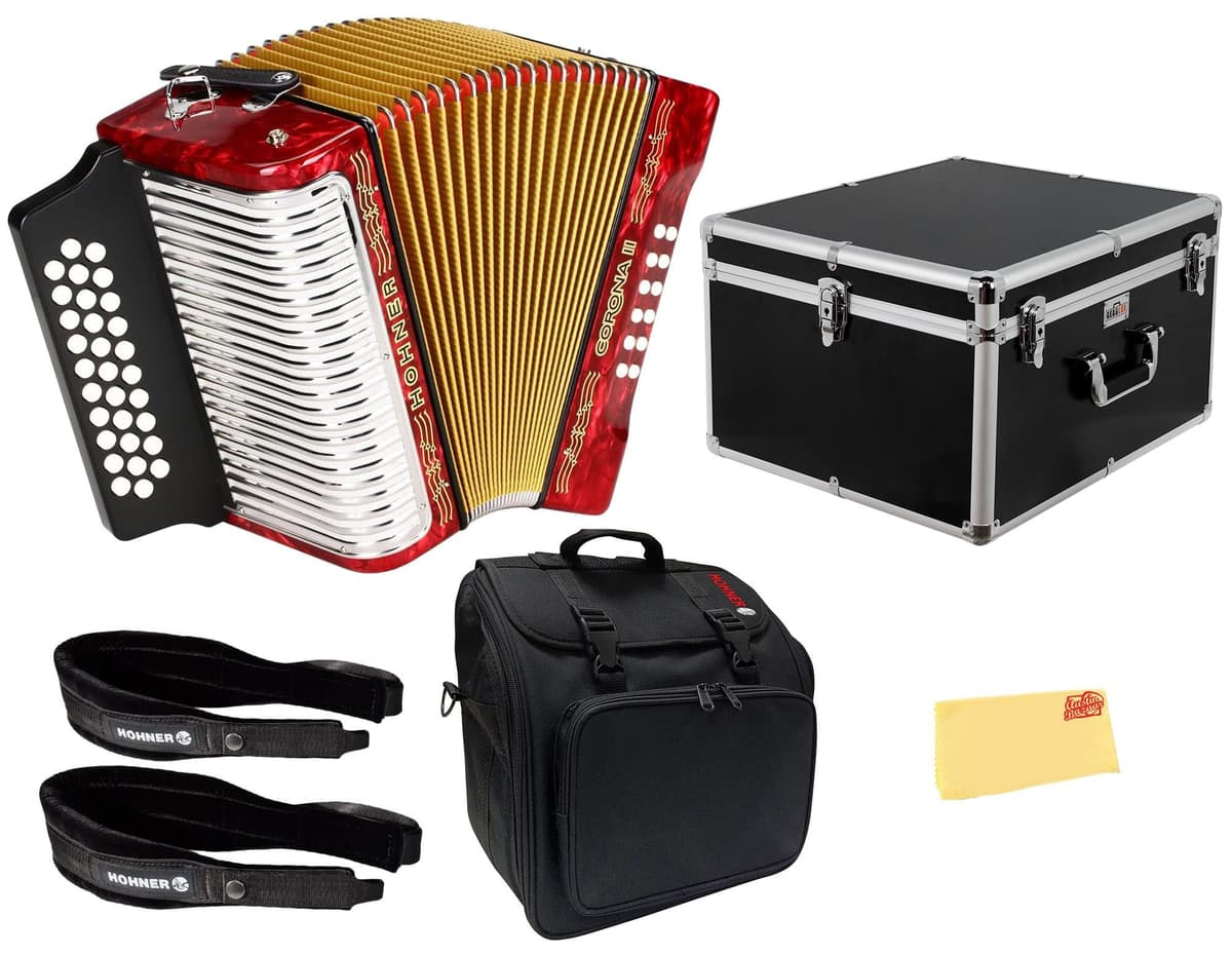 Hohner Corona II G/C/F Acordeón - Rojo Perlado, Pack con Estuche, Funda, Correas y Paño de Pulido Austin Bazaar AUS-3500GR-2022-COMBO-PRO