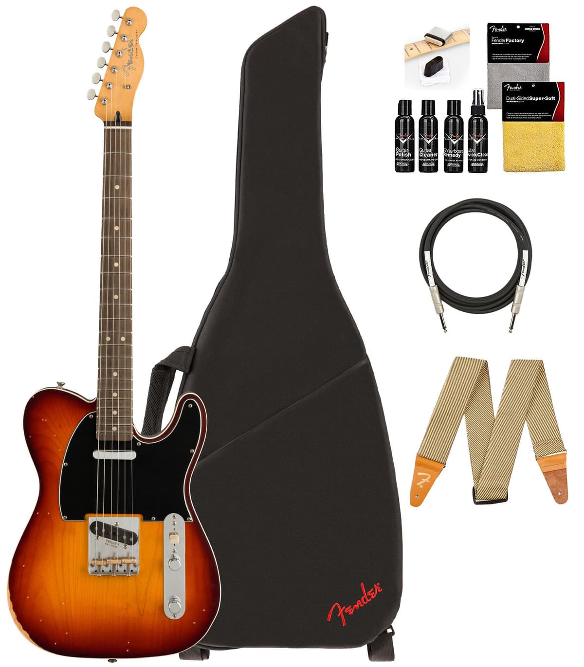 Fender Jason Isbell Custom Telecaster 3-Color Chocolate Burst - Bundle con Funda, Correa, Cable y Kit de Limpieza para Guitarra - Modelo 140320364 (AUS-0140320364-COMBO-DLX)