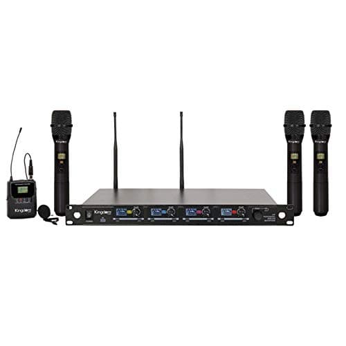 Kingdom Professional Wireless Microphone System 1000 Canales - Micrófonos Inalámbricos para Karaoke, DJ, Canto, Iglesia, Fiesta y Boda con 3 Micrófonos de Mano y 1 Transmisor de Cinturón con Solapa, Alcance 200 pies
