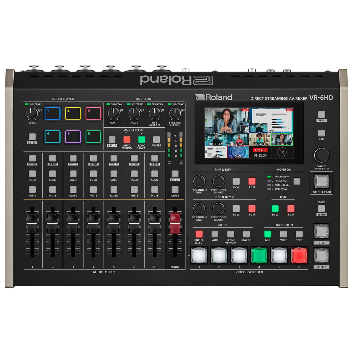 Roland VR-6HD | Mezclador de Audio/Video Ultra Compacto con Codificadores de Streaming Directo | Ideal para Transmisiones en Vivo | Conectividad A/V Extensa | Pantalla Táctil Multi-Viewer de 4.3” | Herramientas de Edición Avanzadas