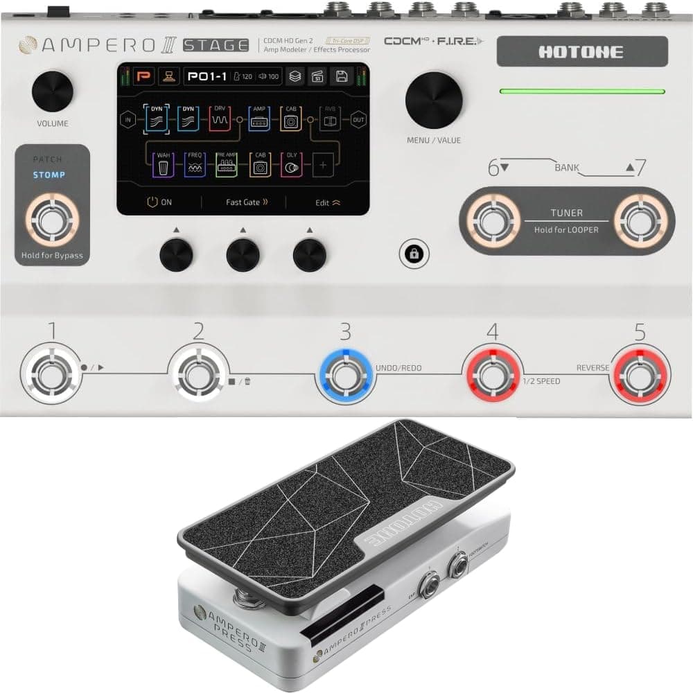 HOTONE Ampero II Stage MP-380 + SP-35 pedalera multiefectos con doble cadena de efectos, pedal de expresión/switch pasivo, loop FX, MIDI I/O, interfaz de audio USB OTG estéreo, pantalla táctil