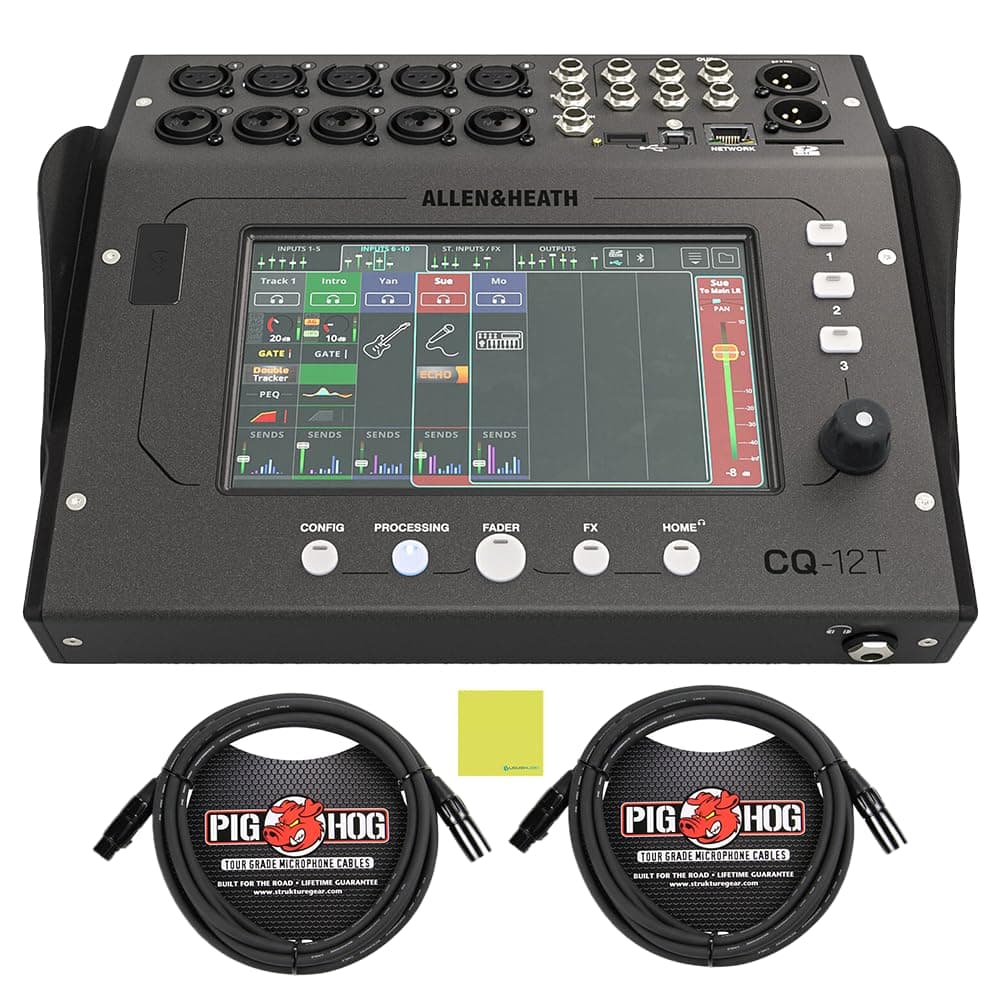 Liquid Audio AH-CQ-12T PHM15 BUNDLE Consola Digital Ultra-Compacta 12 Entradas / 8 Salidas con 2 Cables XLR Pig Hog 15ft, Cable de Poder y Paño de Pulido para Instrumentos Liquid Audio