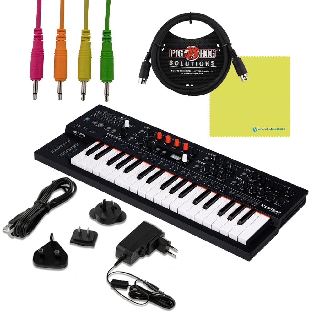 Liquid Audio MiniFreak Cable Bundle - Teclado híbrido polifónico 37 teclas, paquete Pig Hog 4 cables patch mono, cable MIDI, fuente de poder, cable USB y paño Liquid Audio