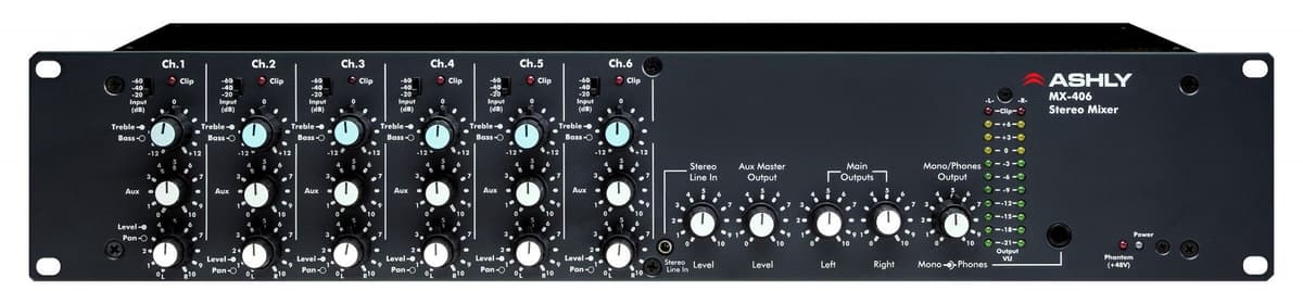 Ashly MX-406B Mezclador de Micrófonos Estéreo Balanceado 6 Entradas 2RU para Rack con Ecualizador de 2 Bandas y Envios AUX