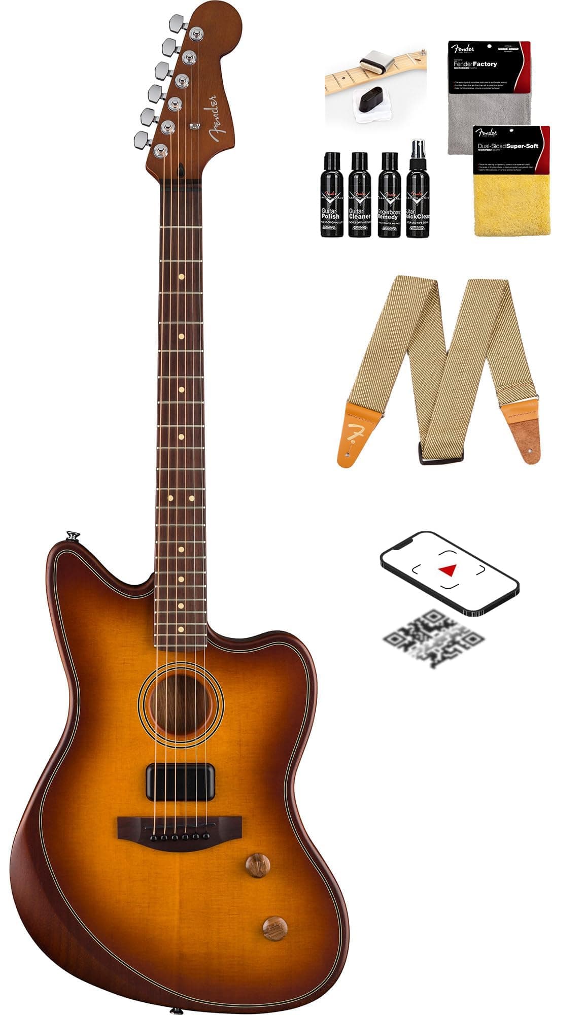 Fender Acoustasonic Standard Jazzmaster - Honey Burst, Bundle con Correa, Kit de Limpieza para Guitarra y Video Instructivo de Austin Bazaar 973133542